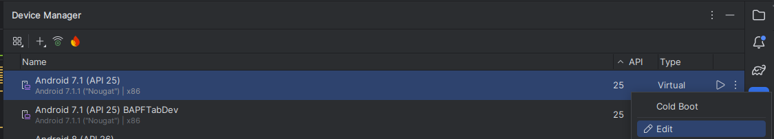 Screenshot showing "device manager".  A list of AVDs is shown, with the three dots menu opened for an AVD called "Android 7.1 (API 25)".  The "edit" option of the menu is highlighted.
