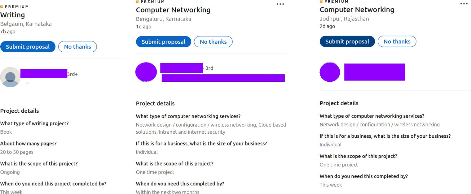 Screenshot showing LinkedIn Premium "service requests". There is one writing request and two computer networking requests. All requests are from India. There is very little detail provided.