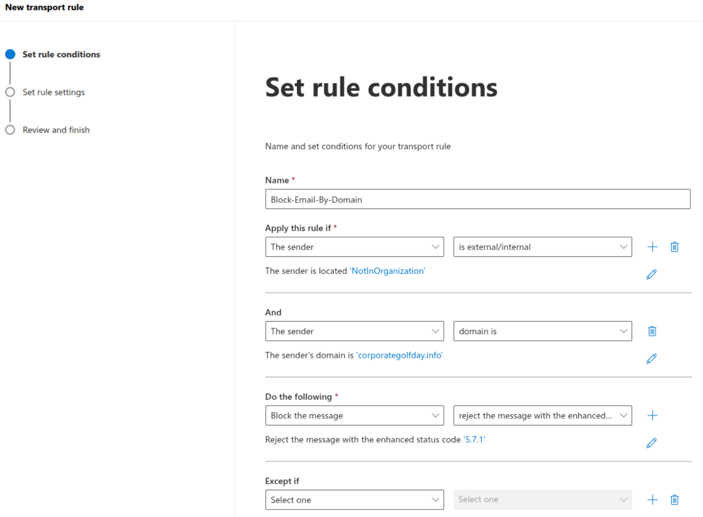 Screenshot of the "set rule conditions" screen. There are a number of text boxes with headings as discussed further down in these instructions.