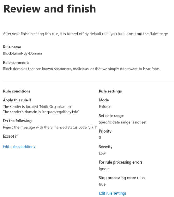 Screenshot of the "review and finish" screen, where we see that everything is configured as intended and discussed further up in these instructions.