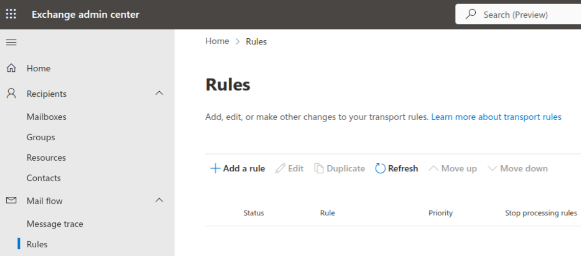 Screenshot showing the "Exchange admin center" rules page. There are no rules listed, but are buttons such as "add a rule".