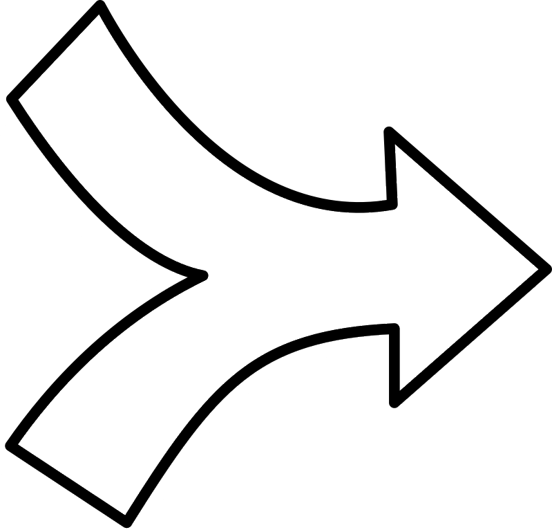 White arrow pointing right, with two tails that merge at the head.