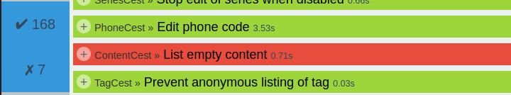 Table with three green rows and one red.  To the side is a blue box showing 168 tests passed, and 7 failed.