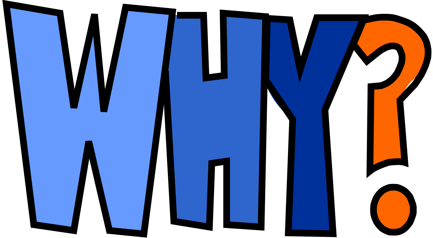 The word "why" in capitals, with a blue gradient getting darkest on "y".  An orange question mark.