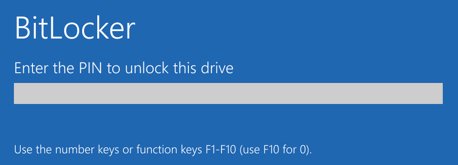 Blue background with text that says "BitLocker Enter the PIN to unlock this drive".