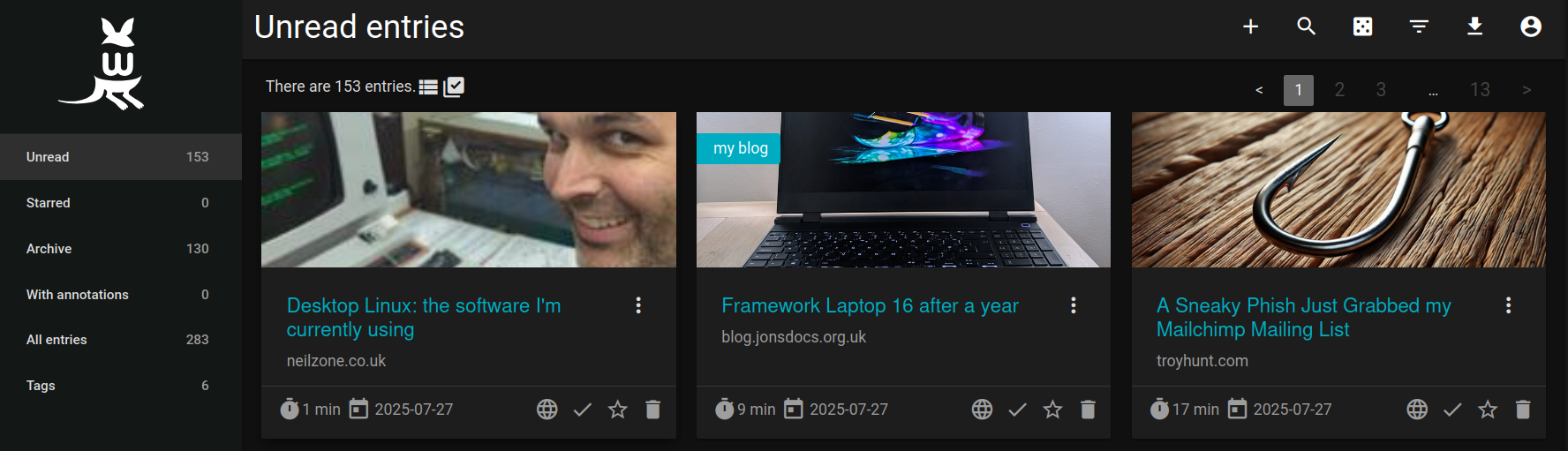 Screenshot showing the Wallabag web interface.  Three saved articles are shown as tiles with a preview image.  There is a menu on the left including options for unread, starred, archive.