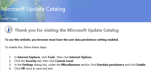 Problems using "Microsoft Update Catalog" - user data persistence and the add-on