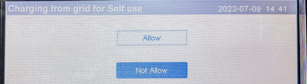Photo showing the title "Charging from grid for self use" with options "Allow" and "Not Allow"