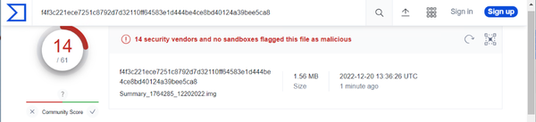 Screenshot of Virus Total saying 14 out of 61 vendors believe the file is malicious.