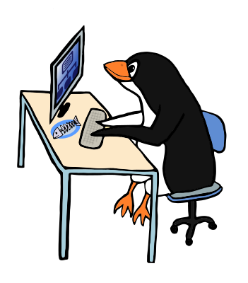 Cartoon image of a penguin sat working at a computer.
