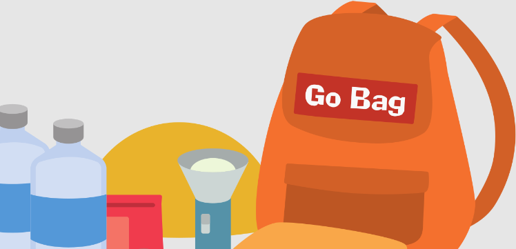 Cartoon image of an orange rucksack labelled "Go Bag", with bottled water, a food packet, and a torch.