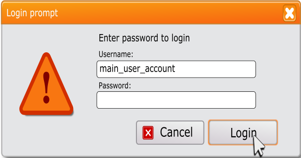 A login prompt requesting a username and password.  There is an orange alert triangle to the left of the text boxes.