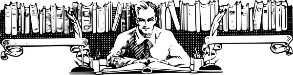Line art drawing of a man wearing a shirt and tie, sat at an open book, with a shelf of books behind him.