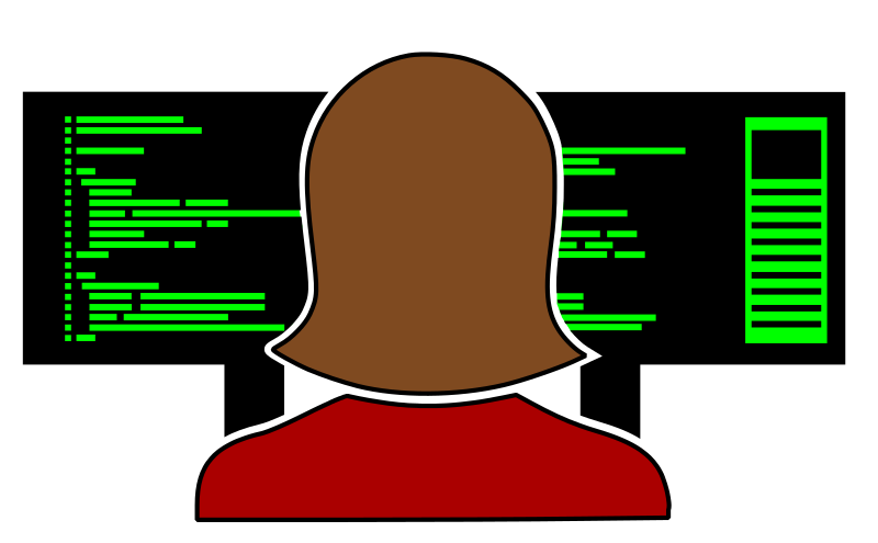 Cartoon of a long brown haired person sat in front of two monitors.