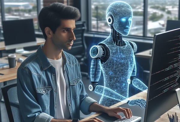 A man wearing a denim jacket & white shirt sat typing at a computer.Next to him in a translucent pale blue android hologram.