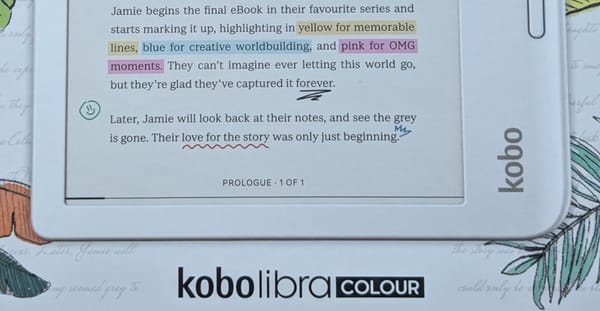 Photograph showing part of the Kobo Libra Colour box, which shows a white device with colour highlights on the text.