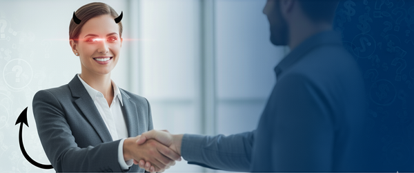 AI generated photograph showing a woman in a suit.She has a devil's tail, devil horns,and red glowing eyes.The woman is shaking hands with a man who is blurred out.
