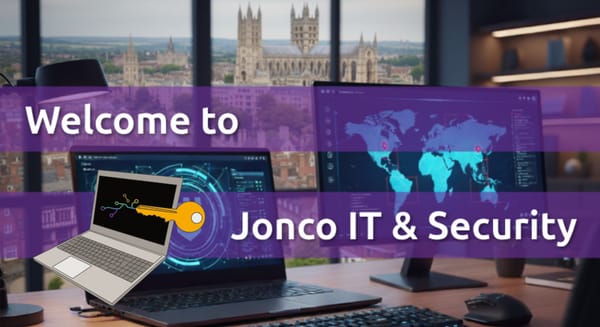 An AI generated image showing a laptop, monitor, keyboard, and mouse on a wooden desk in a spacious office.Overlaid is the text "Welcome to Jonco IT & Security" and the company logo.
