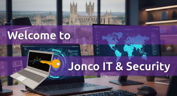 An AI generated image showing a laptop, monitor, keyboard, and mouse on a wooden desk in a spacious office.Overlaid is the text "Welcome to Jonco IT & Security" and the company logo.